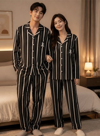 Couples Matching Pajamas Silk Long Sleeve Striped Sleepwear Satin Soft Button Down Loungewear Pjs Black Large and Medium MG05