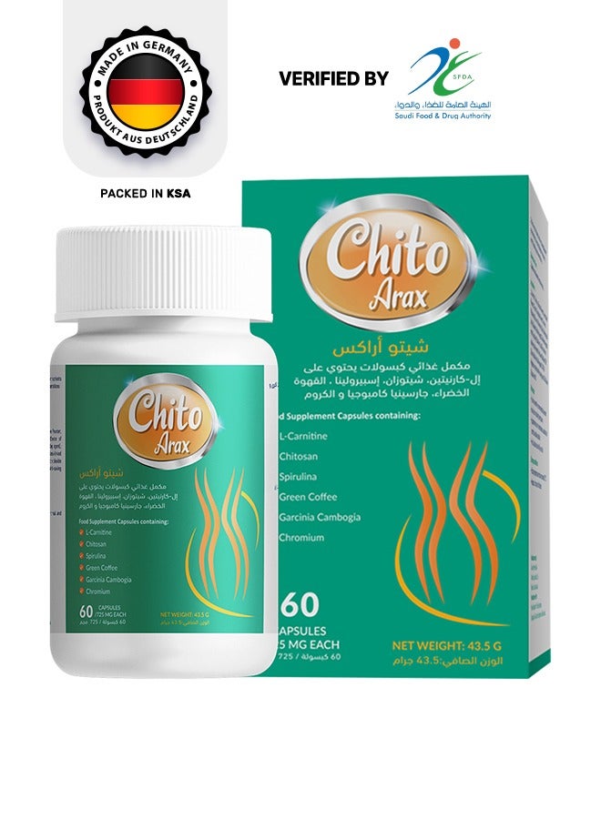 Chito Arax For Weight Loss, Improving Metabolism, And Reducing Appetite Safely Contains L-Carnitine, Chitosan, Spirulina, Green Coffee, Garcinia Cambogia & Chromium - 60 Capsules