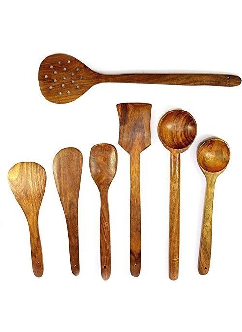AR HANDICRAFTS AR Handicrafts Wooden Serving and Cooking Spoons Wood Brown Spoons Kitchen Utensil Set of 7 