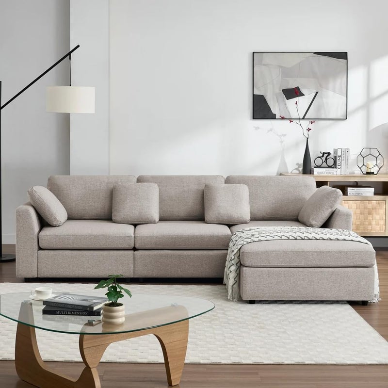 Modern 2-Piece Upholstered Sectional Sofa with Convertible Chaise Lounge - Khaki, Right Hand Facing - Image 1