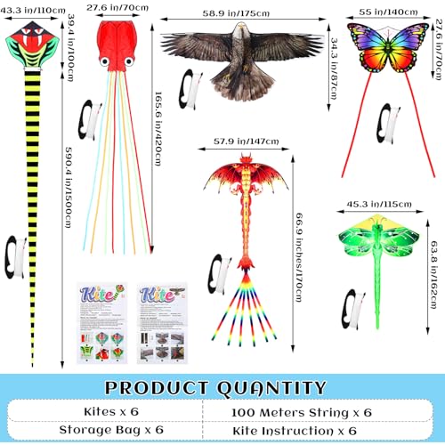 Silipull 6 Pack Large Flying Animal Kites for Adults with Reel and String Eagle Dragon Butterfly Dragonfly Octopus Snake Pterodactyl Dinosaur Kites for Beach Outdoor Park Game Activities - Image 3