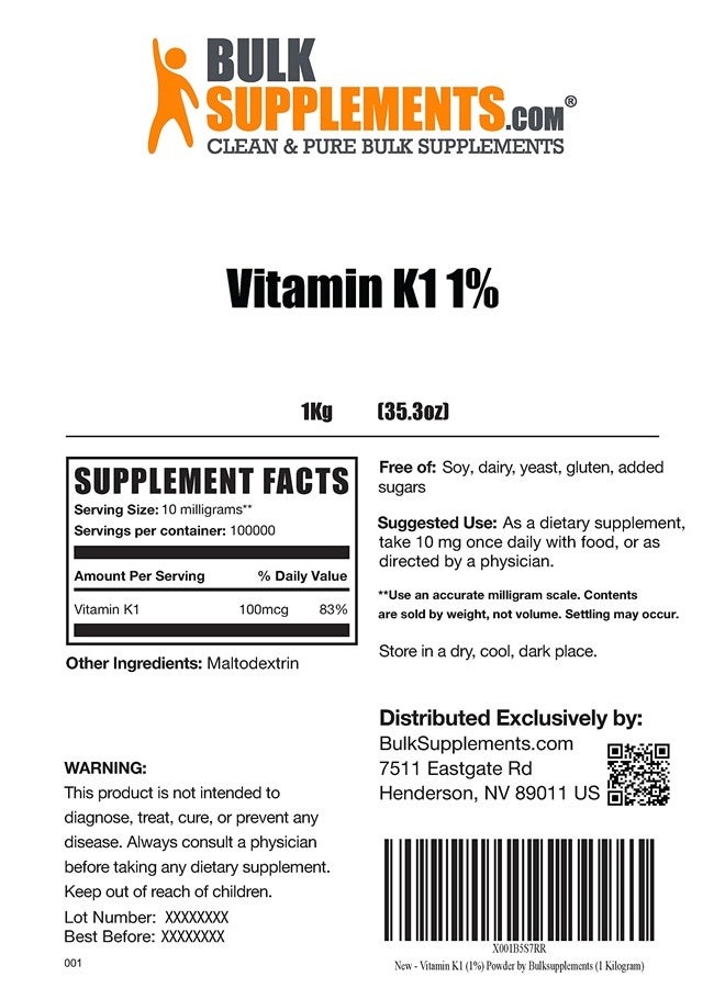 BulkSupplements .com Vitamin K1 (1%) Powder - Vitamin K1 Dogs - Vitamin K Supplements - Vitamin K1 - VIT K - Dry Vitamin K - Vitamin K Supplement (1 Kilogram - 2.2 lbs) - Image 2