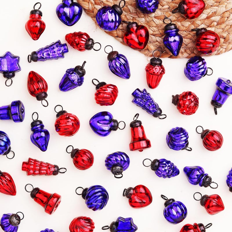 Indian-Shelf 50 Pieces Glass Red Blue Christmas Ornaments Decorative Mercury Mini Vintage Bulk Hanging Ornaments for Halloween Christmas Tree New Year Valentine Day Holidays Event and Wedding Party Decor - Image 1