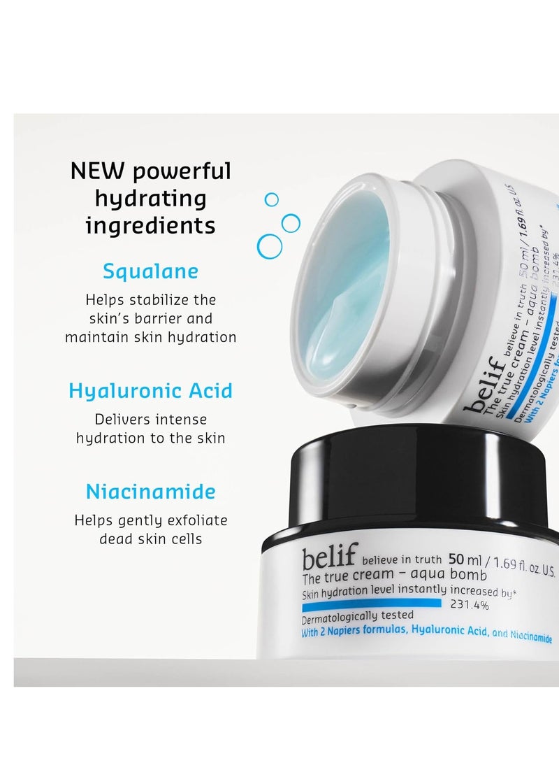 belif بليف كريم أكوا بوم الحقيقي 50 مل، مرطب وجه يومي خفيف الوزن، كريم وجه مرطب وممتلئ، حمض الهيالورونيك، نياسيناميد، سكوالان، لجميع أنواع البشرة، بدون زيوت معدنية، العناية بالبشرة الكورية