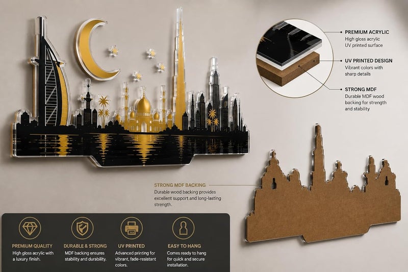 ARS Graphics ARS® Dubai Skyline Acrylic Wall Art - Luxury Black & Gold Islamic Cityscape Decor, 90 × 45 cm - Image 2