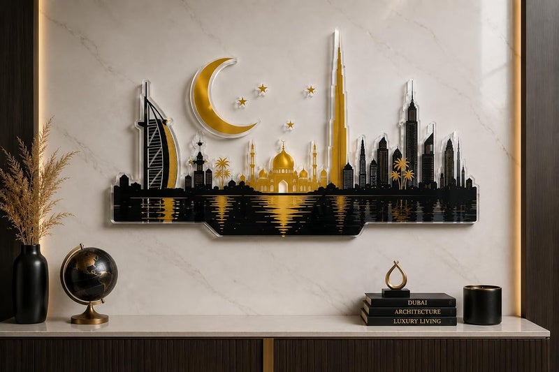 ARS Graphics ARS® Dubai Skyline Acrylic Wall Art - Luxury Black & Gold Islamic Cityscape Decor, 90 × 45 cm - Image 1