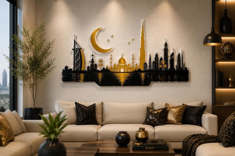 ARS Graphics ARS® Dubai Skyline Acrylic Wall Art - Luxury Black & Gold Islamic Cityscape Decor, 90 × 45 cm - Image 3