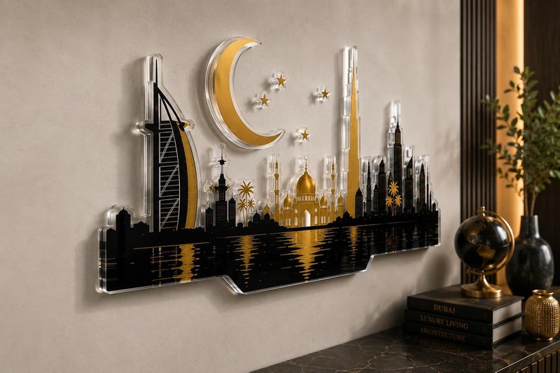 ARS Graphics ARS® Dubai Skyline Acrylic Wall Art - Luxury Black & Gold Islamic Cityscape Decor, 90 × 45 cm - Image 4