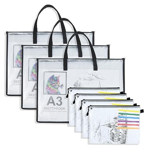 TOTiyea Art Portfolio Bag with Handle and Zipper Set, 15.75 x 21.65 Inches 3 Pcs & 9.25 x 12.6 Inches 4 Pcs, Large Clear Waterproof Poster Storage Bag for Artworks, Drawing Pads Supplies, Multipurpose - Image 1