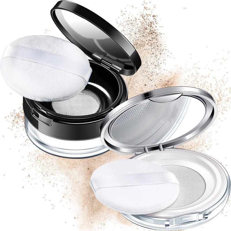 Cunhill 2 Pcs Loose Powder Container with Puff 01707 oz Reusable Plastic Empty Case Portable DIY Makeup Powder Container Compact Case with Mirror and Net SifterSilver Black