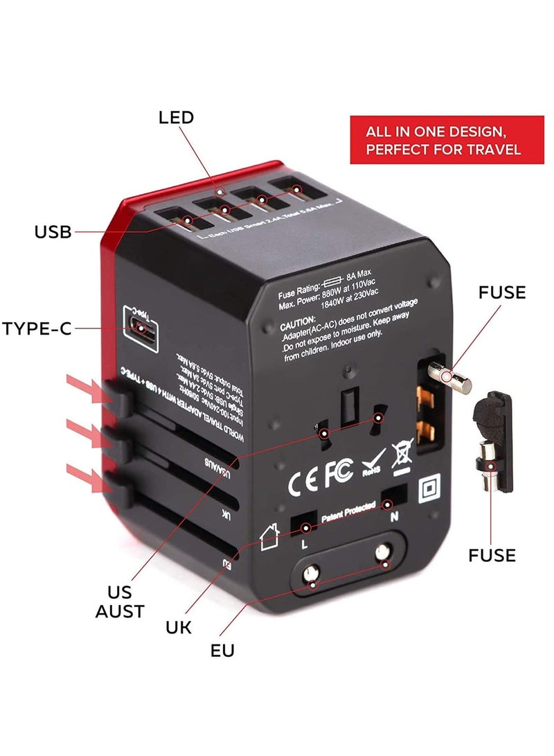 Worldwide Universal Travel Power Adapter, 1500w Multifunctional International Power Converter with 5.6A Power and 3.0A USB Type-C , Child Safety Door, Global Ac Outlet, For Travel To Asia, Europe, A - Image 4