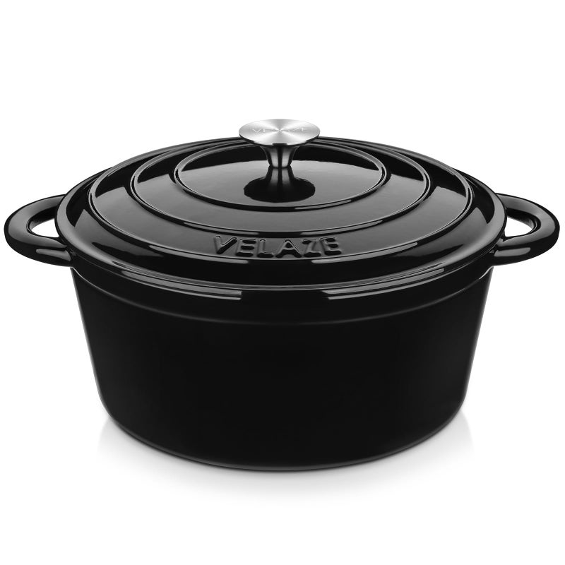 Velaze 75 QT Dutch Oven Pot with Lid Enameled Cast Iron Dutch Oven with Dual Handles for Sourdough Bread Baking Cooking Nonstick Enamel Coated Cookware Black