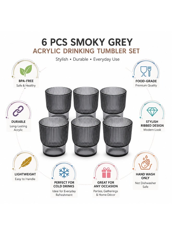 Acrylic Drinking Tumbler Set 6 Pieces BPA-Free Food-Grade Ribbed Reusable Cups for Dining Table Kitchen Parties & Home Décor (Smoky Grey) - Image 4