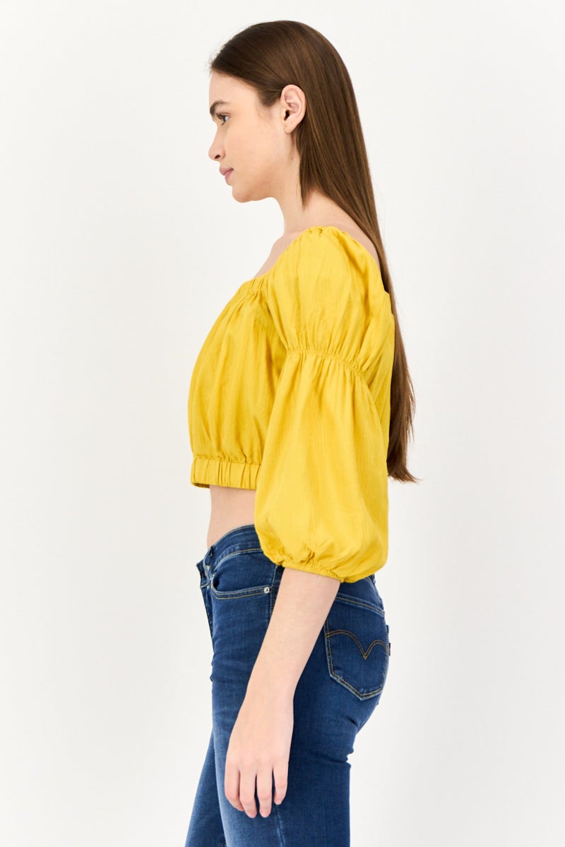 ONLY Women Square Neck 3/4 Sleeves Plain Crop Top, Yellow  - Image 3