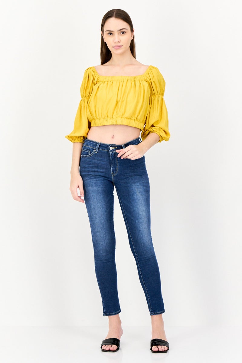ONLY Women Square Neck 3/4 Sleeves Plain Crop Top, Yellow  - Image 2