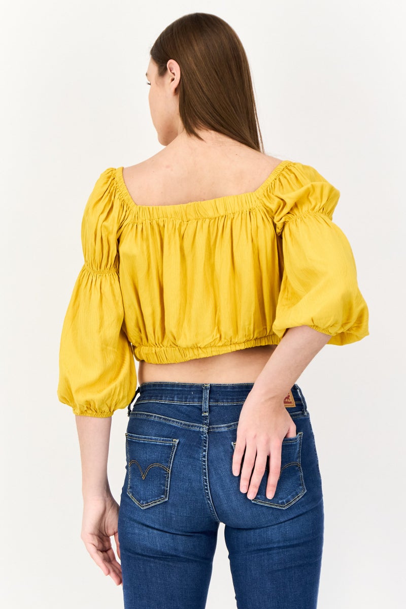 ONLY Women Square Neck 3/4 Sleeves Plain Crop Top, Yellow  - Image 4