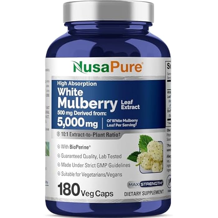 NusaPure مستخلص أوراق التوت الأبيض من نوسابور 10:1، 500 ملغ يعادل 5000 ملغ 180 كبسولة نباتية (نباتية، غير معدلة وراثيًا، بيوبيرين) - Image 1