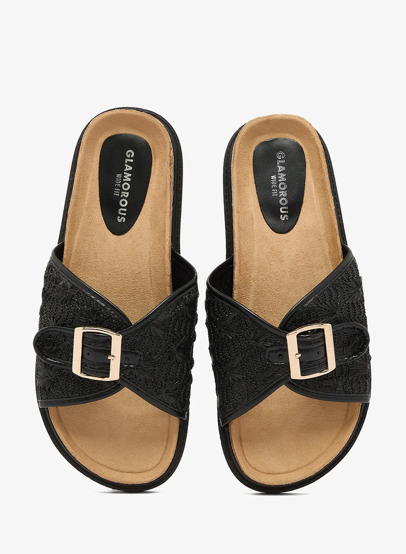 Glamorous BLACK Wide Fit Black Flat Woven Sandals for Women | Best Price UAE