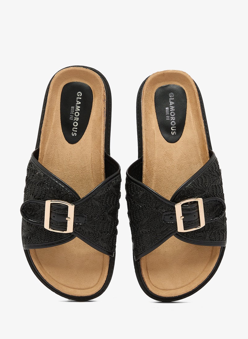 GLAMOROUS Wide Fit Black Flat Woven Sandals - Image 4