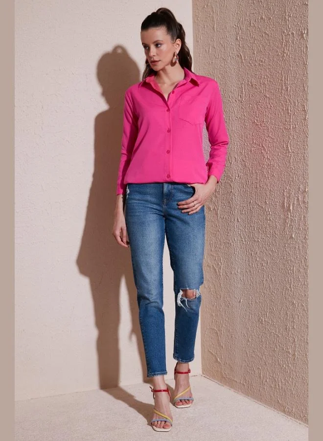 ليلا قميص نسائي قطن ليلى بقصة عادية وجيب واحد