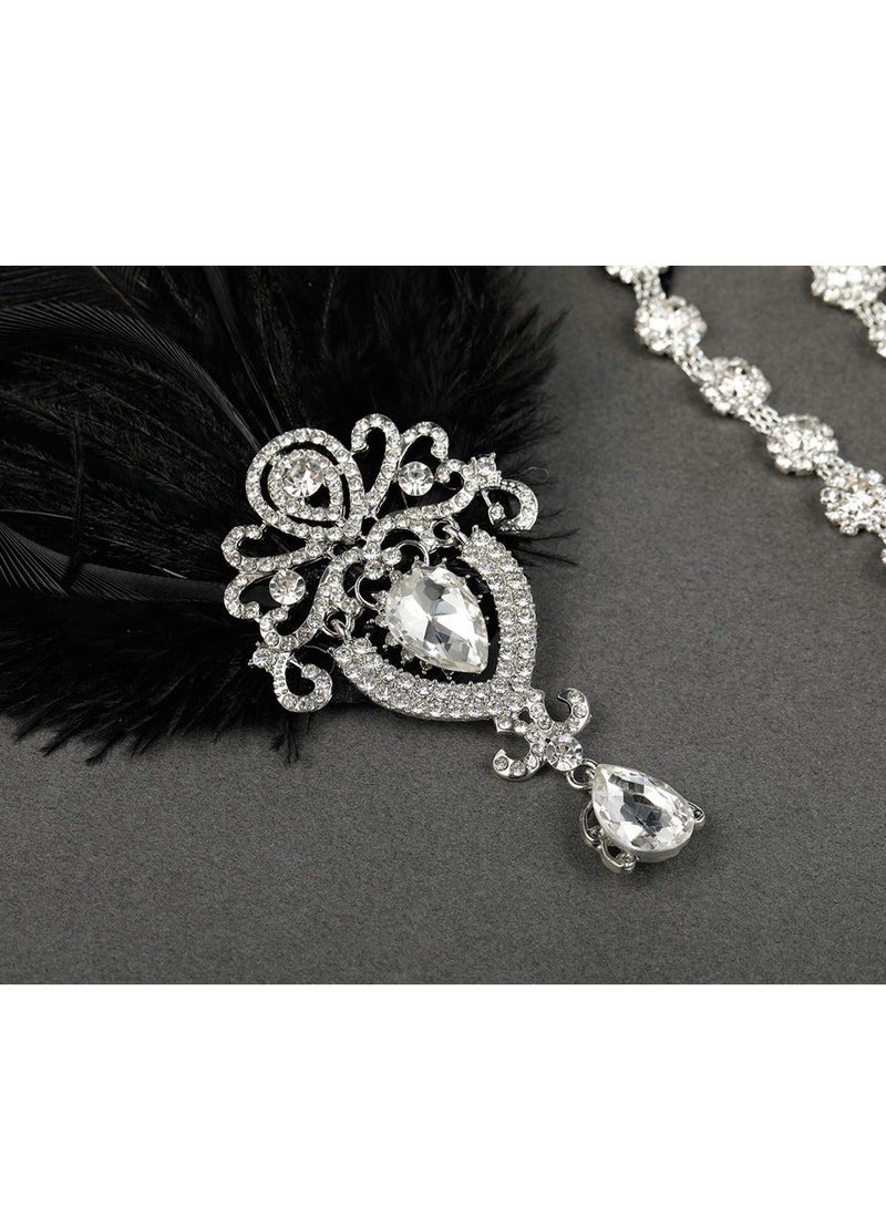 1920s Feather Headpiece, Womens Ostrich Feather Crystal Headband, Great Gatsby Hair Accessories for Women, Ribbon Tie, Flapper Accessories, Art Deco Headpiece (Black) - Image 5