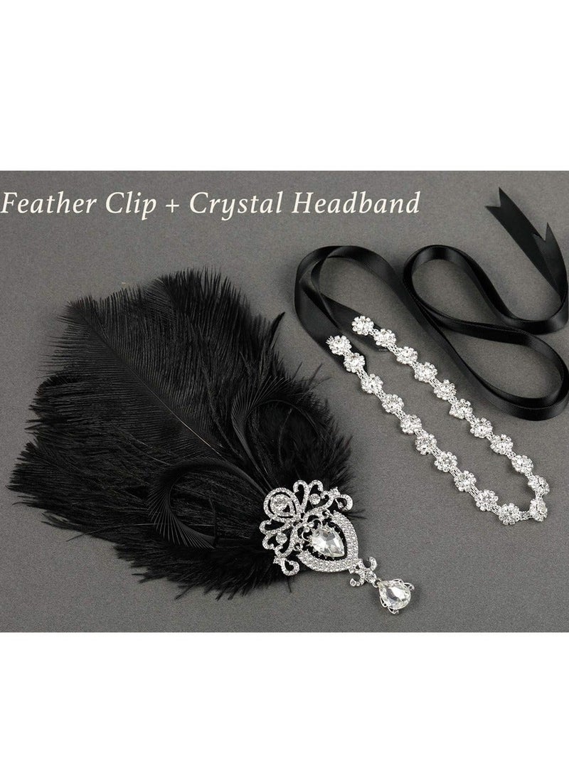 1920s Feather Headpiece, Womens Ostrich Feather Crystal Headband, Great Gatsby Hair Accessories for Women, Ribbon Tie, Flapper Accessories, Art Deco Headpiece (Black) - Image 3