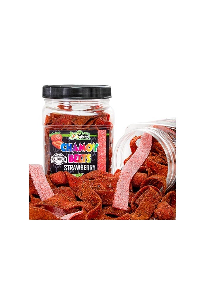 Dulces Colibri  Premium Strawberry Chamoy Belts  Dry Chamoy Coated Gummies  Mess Free  Handmade to Order  Long Lasting Flavor  10oz Jar  Mix  Match Eligible - Image 1