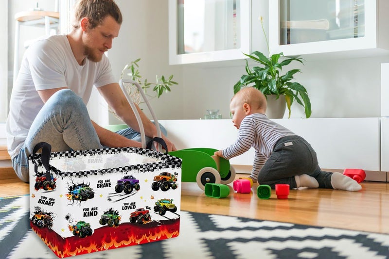 Essme Rectangular Kids Baskets,Monster Truck Storage Box,Cute Basket for Kids with Handles for Room Decor, Book Bins,Shelf Basket.(Flame truck) - Image 3