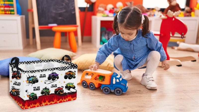 Essme Rectangular Kids Baskets,Monster Truck Storage Box,Cute Basket for Kids with Handles for Room Decor, Book Bins,Shelf Basket.(Flame truck) - Image 5