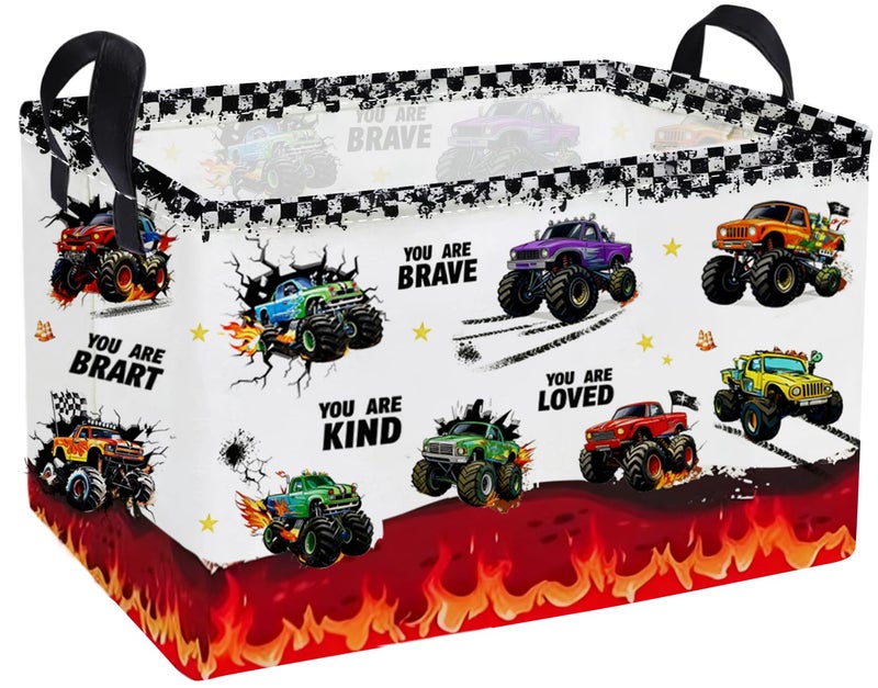 Essme Rectangular Kids Baskets,Monster Truck Storage Box,Cute Basket for Kids with Handles for Room Decor, Book Bins,Shelf Basket.(Flame truck) - Image 1