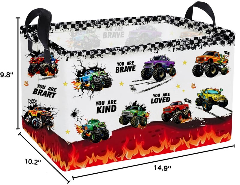 Essme Rectangular Kids Baskets,Monster Truck Storage Box,Cute Basket for Kids with Handles for Room Decor, Book Bins,Shelf Basket.(Flame truck) - Image 2