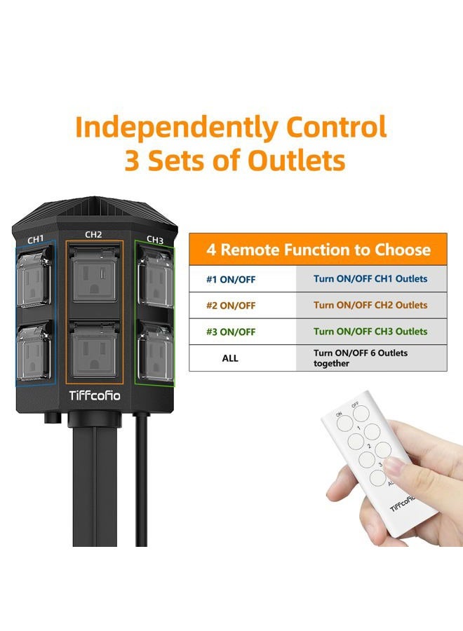 TiFFCOFiO - Outdoor Power Strip with Remote Control, 25 Feet Extension Cable, Waterproof, Independent Control Sockets, 6 Earth Sockets for Ultimate Outdoor Decoration - Image 3