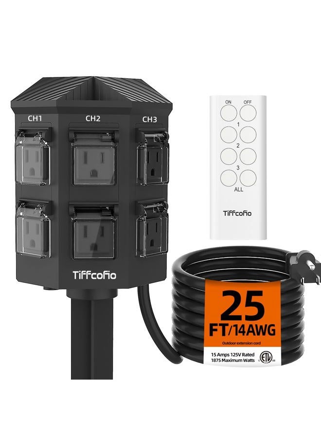TiFFCOFiO - Outdoor Power Strip with Remote Control, 25 Feet Extension Cable, Waterproof, Independent Control Sockets, 6 Earth Sockets for Ultimate Outdoor Decoration - Image 1