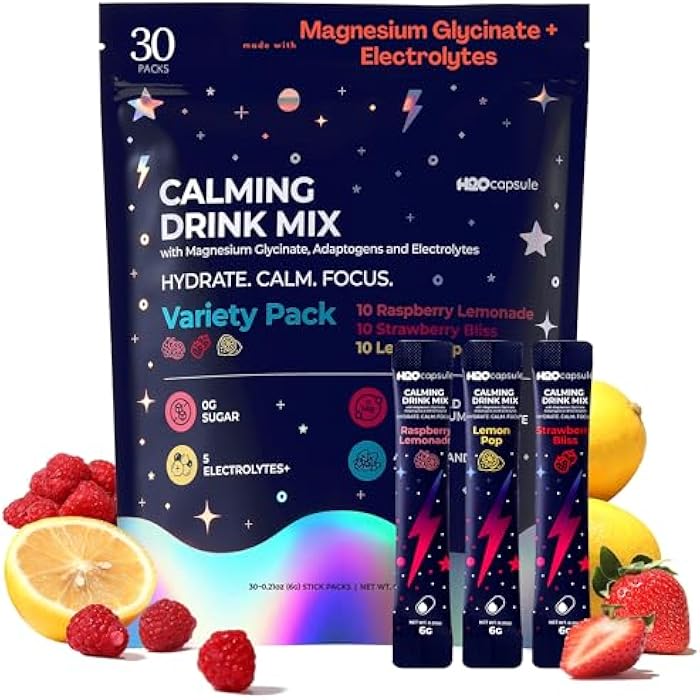 H2O Capsule Calm Magnesium Glycinate Powdered Drink Mix with Electrolytes – Sugar Free with Ashwagandha, L-Theanine, Vitamin B6 & GABA – Cortisol Support, Stress Relief, Hydration & Focus - 30 servings (Variety) - Image 1