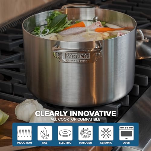 Viking 3-Ply Pots and Pans Set, 13 Piece Stainless Steel Cookware, Glass Lids, Strainer, Silver - Image 5