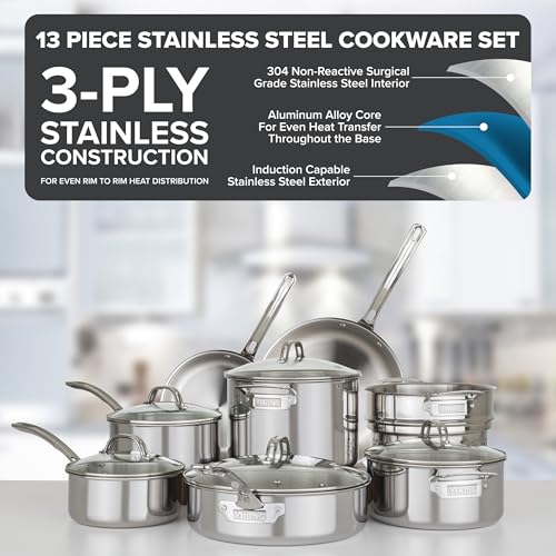 Viking 3-Ply Pots and Pans Set, 13 Piece Stainless Steel Cookware, Glass Lids, Strainer, Silver - Image 2