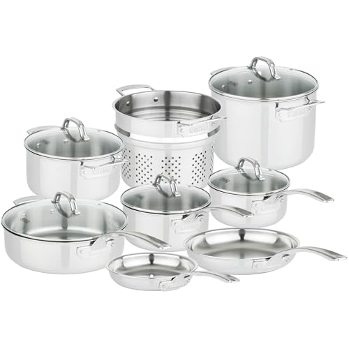 Viking 3-Ply Pots and Pans Set, 13 Piece Stainless Steel Cookware, Glass Lids, Strainer, Silver - Image 1