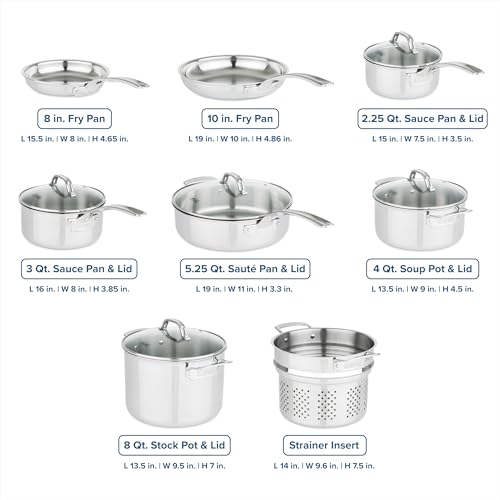 Viking 3-Ply Pots and Pans Set, 13 Piece Stainless Steel Cookware, Glass Lids, Strainer, Silver - Image 4