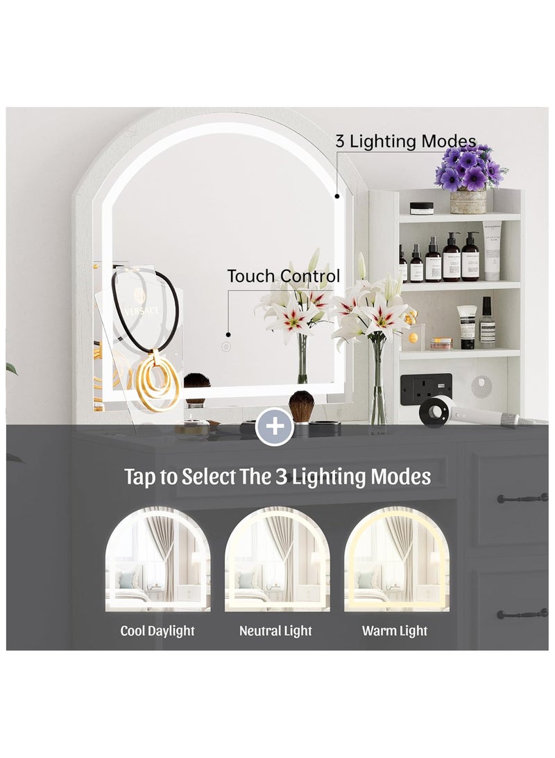 شوغوري طاولة تزيين مع مرآة وإضاءة، طاولة تزيين للمكياج مع خزانة جانبية، طاولة تزيين بأربعة أدراج وغطاء زجاجي، طقم تزيين عصري مع مقبس كهربائي ومرآة كبيرة - Image 4