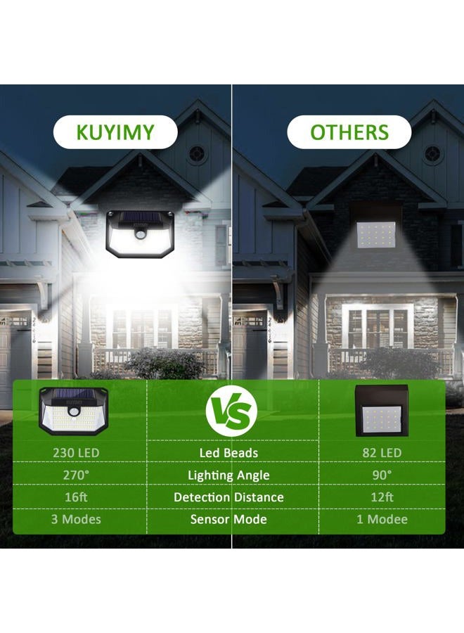 KUYIMY Solar Outdoor Lights, 230LED with Motion Sensor and 3 Modes, IP65 Waterproof, 3 Sides of 270°Wide Angle Light, Easy-to-Install Intelligent Security Lights for Front Door,Garage, Deck (4 Pack) - Image 5