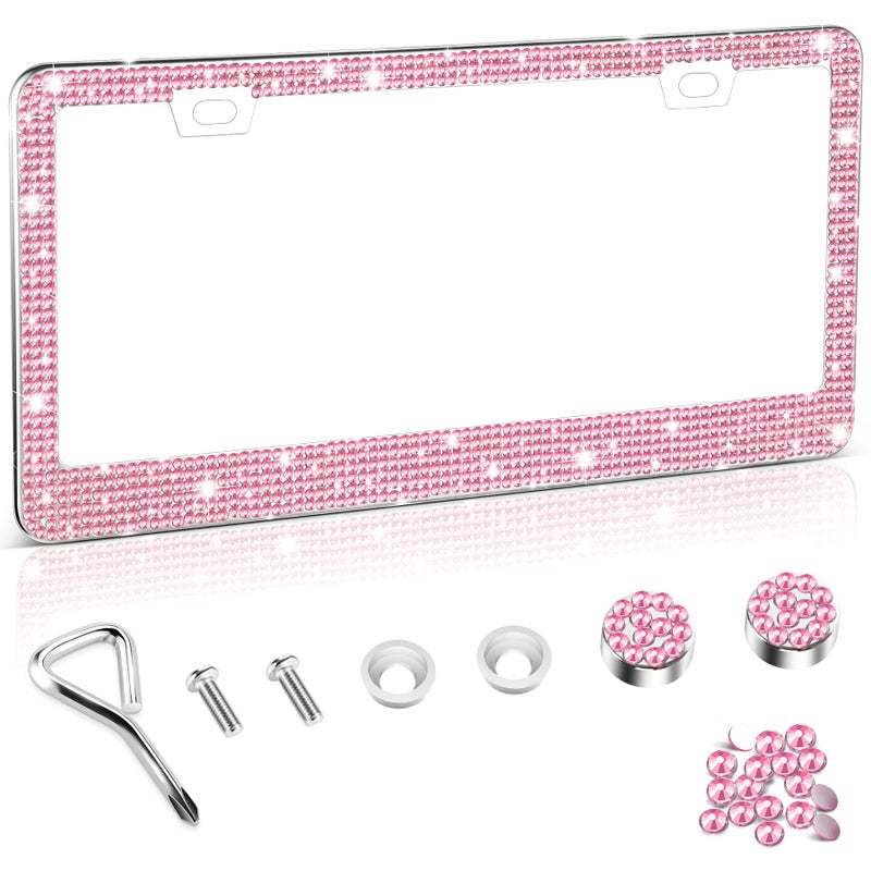 Amiss Bling License Plate Frame for Women, 1Pack Rhinestone Handcrafted Crystal Premium Stainless Steel, Stainless Steel Car Accessories with Diamond Sparkle Glitter Caps (Pink) - Image 1
