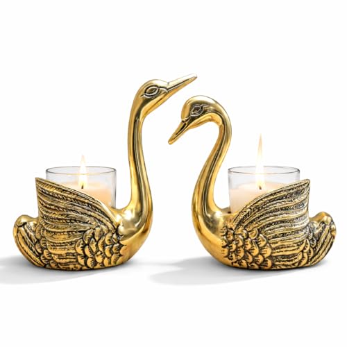 Vipron Golden Brass Swan Candle Holder Pair, Decorative Centerpiece for Home Décor, Living Room, Special Occasions, 12 cm and 13.5 cm Height - Image 1