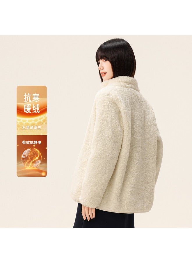 Flying in the snow New Winter Short Stand Collar Large Pocket Unisex Coral Fleece Jacket - Image 4