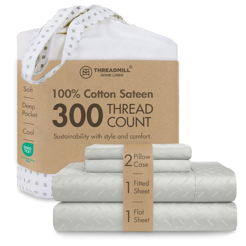 Threadmill Cotton Queen Sheet Set | 100% Cotton Sheets for Queen Size Bed | Damask Jacquard Queen Bed Sheets Set with 16â€ Deep Pocket | Soft Sateen Weave 4-Piece Cooling Bedding Set | Light Grey - Image 1