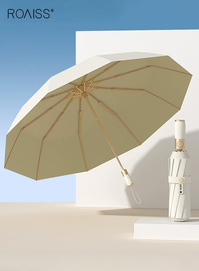 Unisex Umbrella, Fully Automatic Folding Sunshade, Black Vinyl UV Protection 10-Rib All-Weather Umbrella, Portable Sun Protection, Yellow Interior & White Exterior