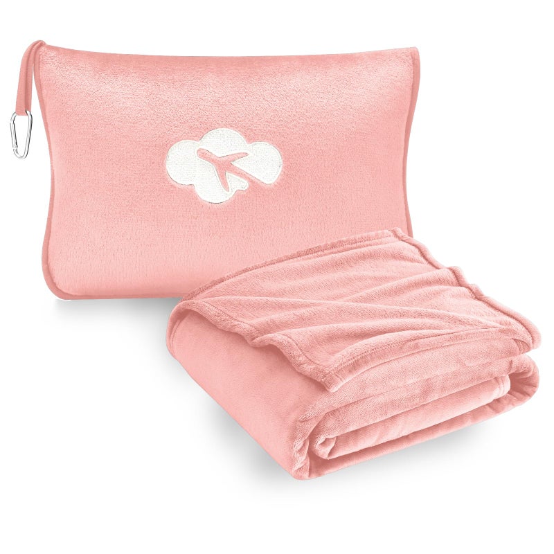 Jungle Star Travel Blanket and Pillow Compact, Premium Soft 2 in 1 Airplane Blanket with Soft Bag Pillowcaseï¼ŒHand Luggage Sleeve and Backpack Clip (Solid Pink) - Image 1