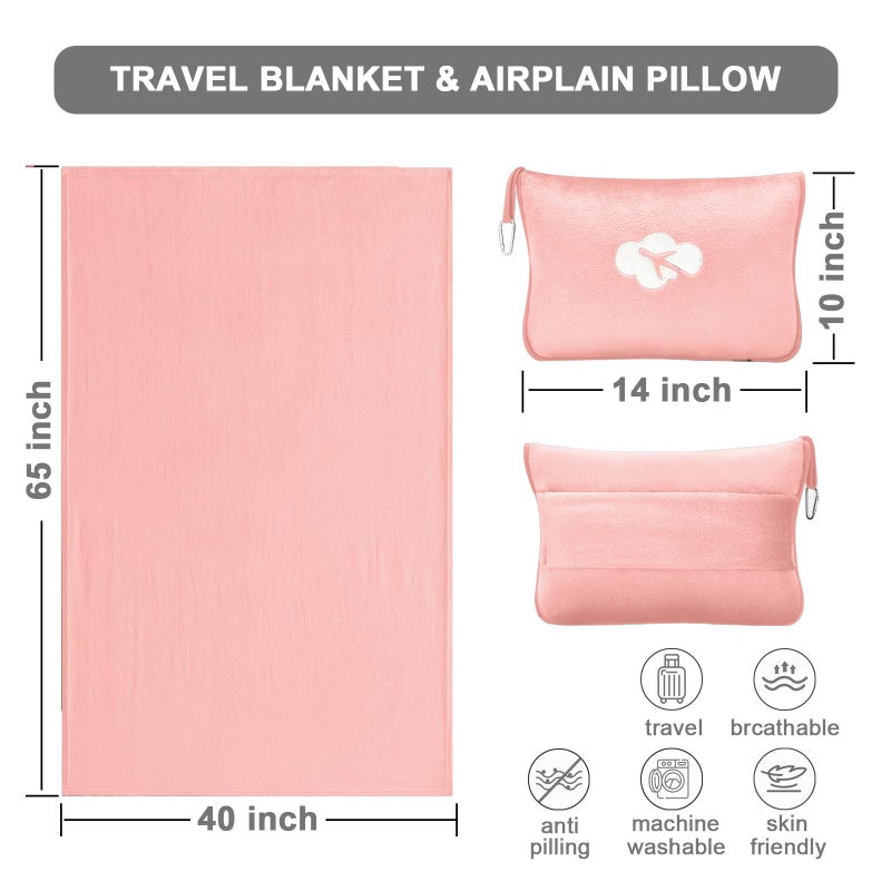 Jungle Star Travel Blanket and Pillow Compact, Premium Soft 2 in 1 Airplane Blanket with Soft Bag Pillowcaseï¼ŒHand Luggage Sleeve and Backpack Clip (Solid Pink) - Image 3