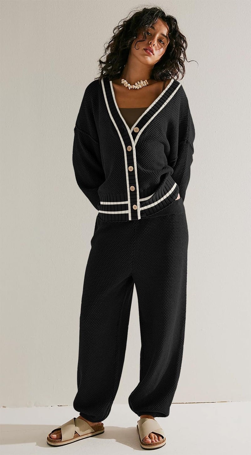 SAUKOLE 2 Piece Outfits for Women Loose Knit Cardigan and Baggy Pants Lounge Sweater Sets Fashion Sweatsuit Matching Set - Image 3