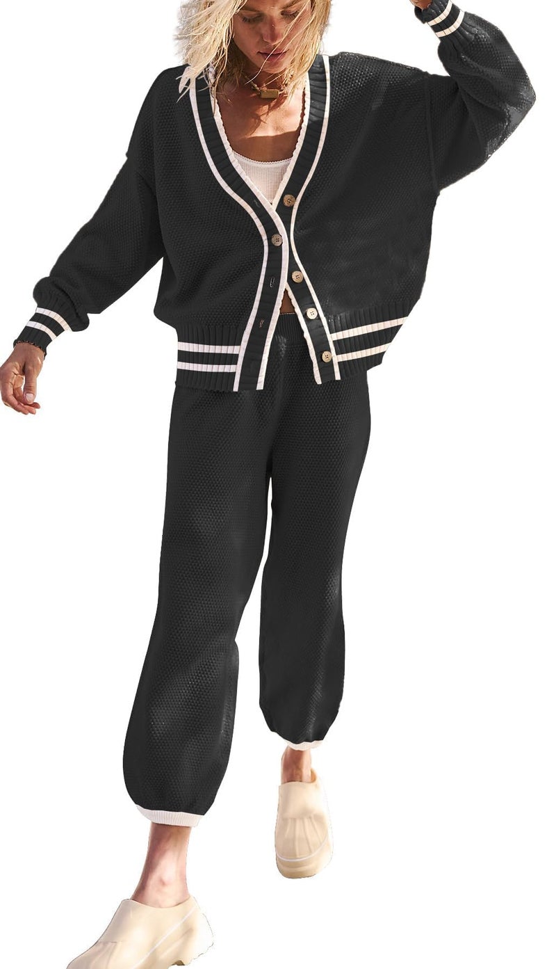 SAUKOLE 2 Piece Outfits for Women Loose Knit Cardigan and Baggy Pants Lounge Sweater Sets Fashion Sweatsuit Matching Set - Image 2