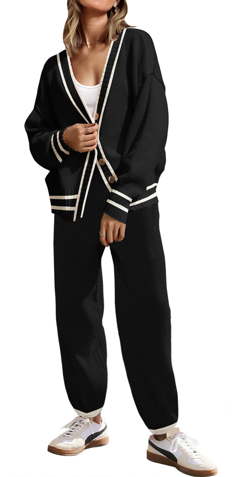 SAUKOLE 2 Piece Outfits for Women Loose Knit Cardigan and Baggy Pants Lounge Sweater Sets Fashion Sweatsuit Matching Set - Image 1